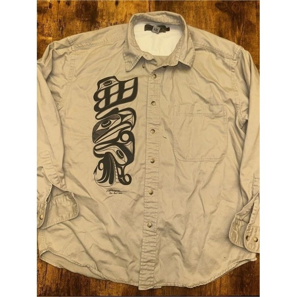 Reflex Light Beige Button-Down Shirt Jacket with Black Indigenous Graphic